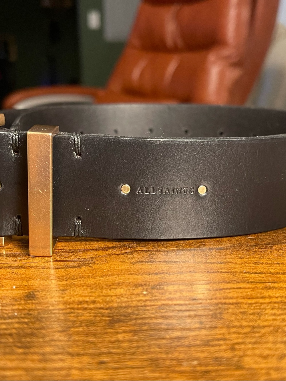 All Saints Unisex Black Leather Belt with Gold Hardware